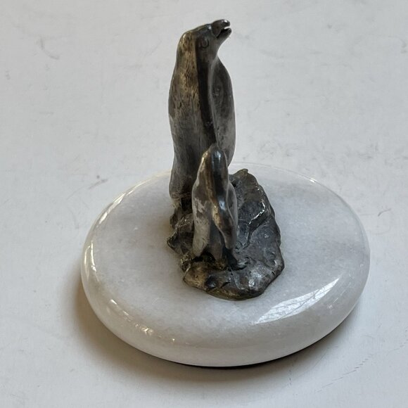 Pewter Penguin Figurine on Marble Base Pair Mama Chic Paperweight Decor - Picture 2 of 7